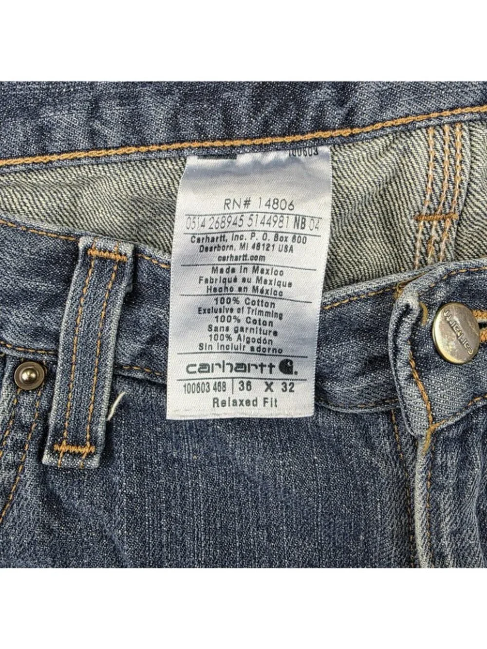 Carhartt Jeans Mens 36x32 Relaxed Straight Blue Denim Logo Patch Medium Wash